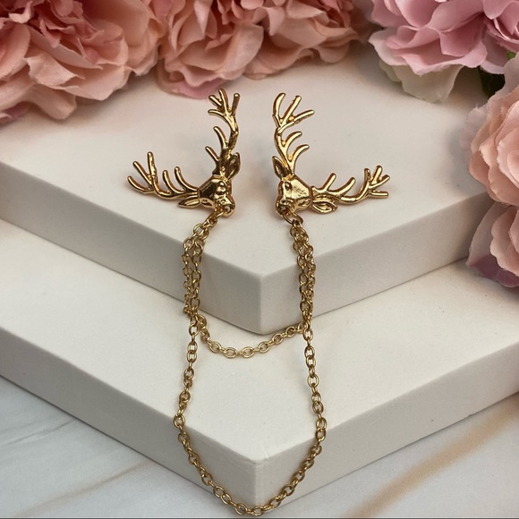 Retro Double Chain Deer Head Collar Lapel Pin - Picture 6 of 16